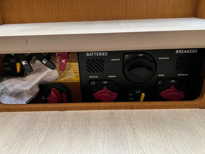  Yacht Photos Pics Battery and breaker panel on a 2021 Beneteau Swift Trawler 35.