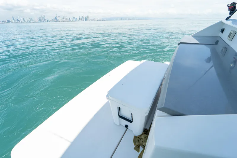  Yacht Photos Pics 2019 Tiara Yachts F44 Flybridge on calm ocean with city skyline in background.