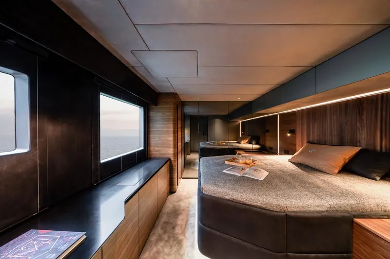  Yacht Photos Pics Luxurious interior of 2024 Sunreef 60 Eco yacht with modern bedroom design.