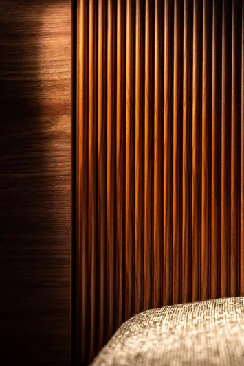  Yacht Photos Pics Wooden paneling detail on 2024 Sunreef 60 Eco yacht interior.