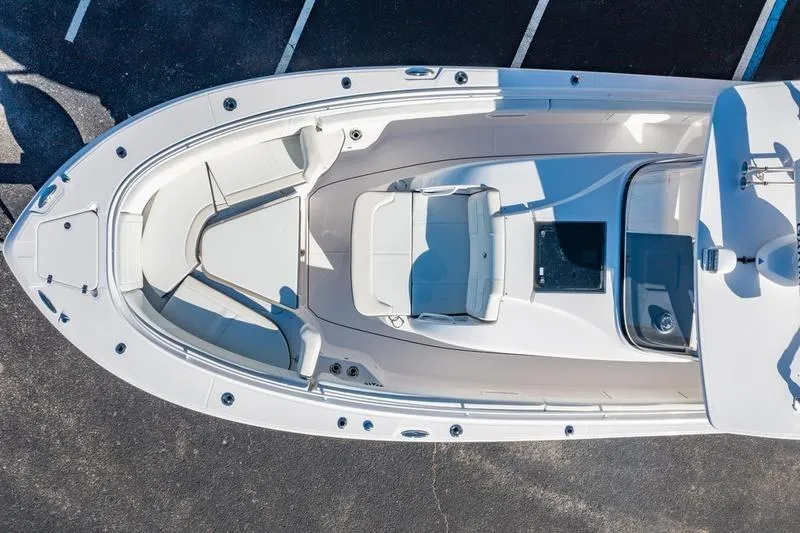  Yacht Photos Pics Aerial view of 2025 Edgewater 370CC boat, showcasing sleek design and spacious seating.