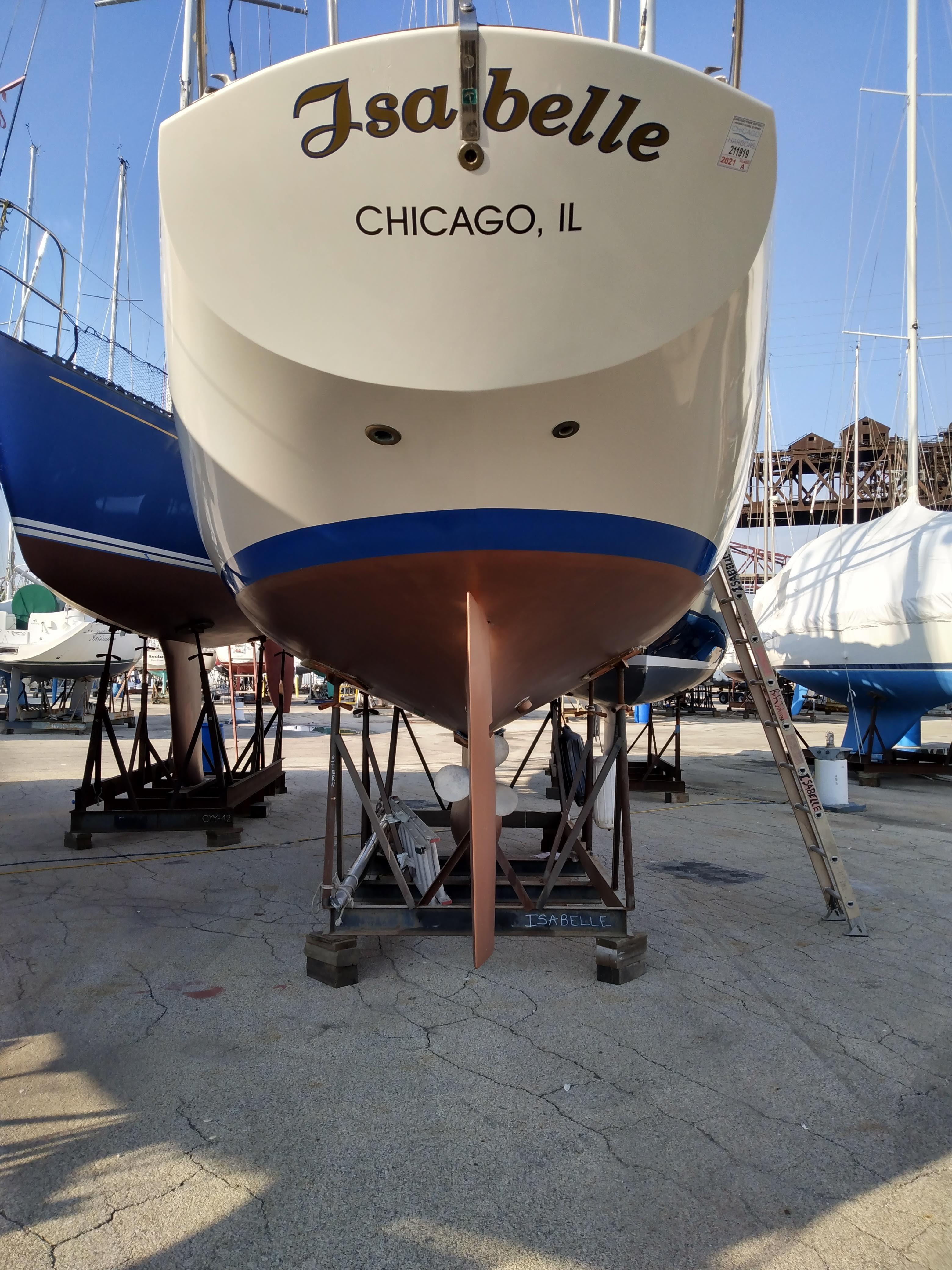 1969 Chris-Craft Apache 37 sailboat named "Isabelle" in dry dock, Chicago, IL.