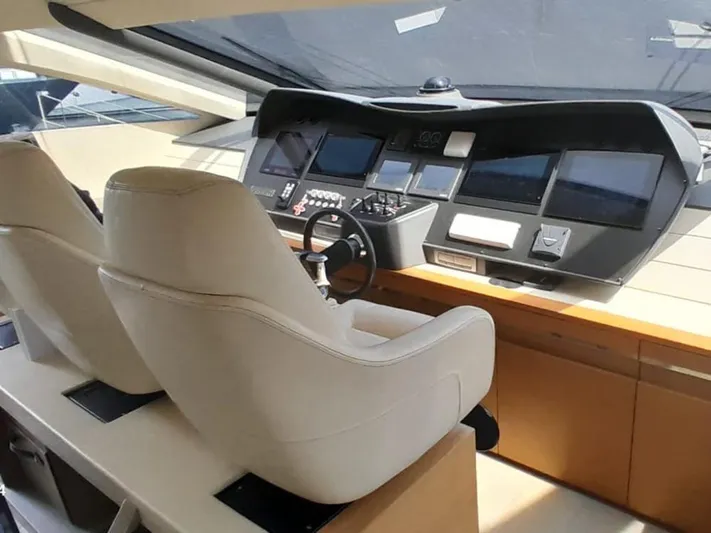  Yacht Photos Pics Cockpit of 2012 Pershing 92 yacht with modern navigation equipment and luxurious seating.