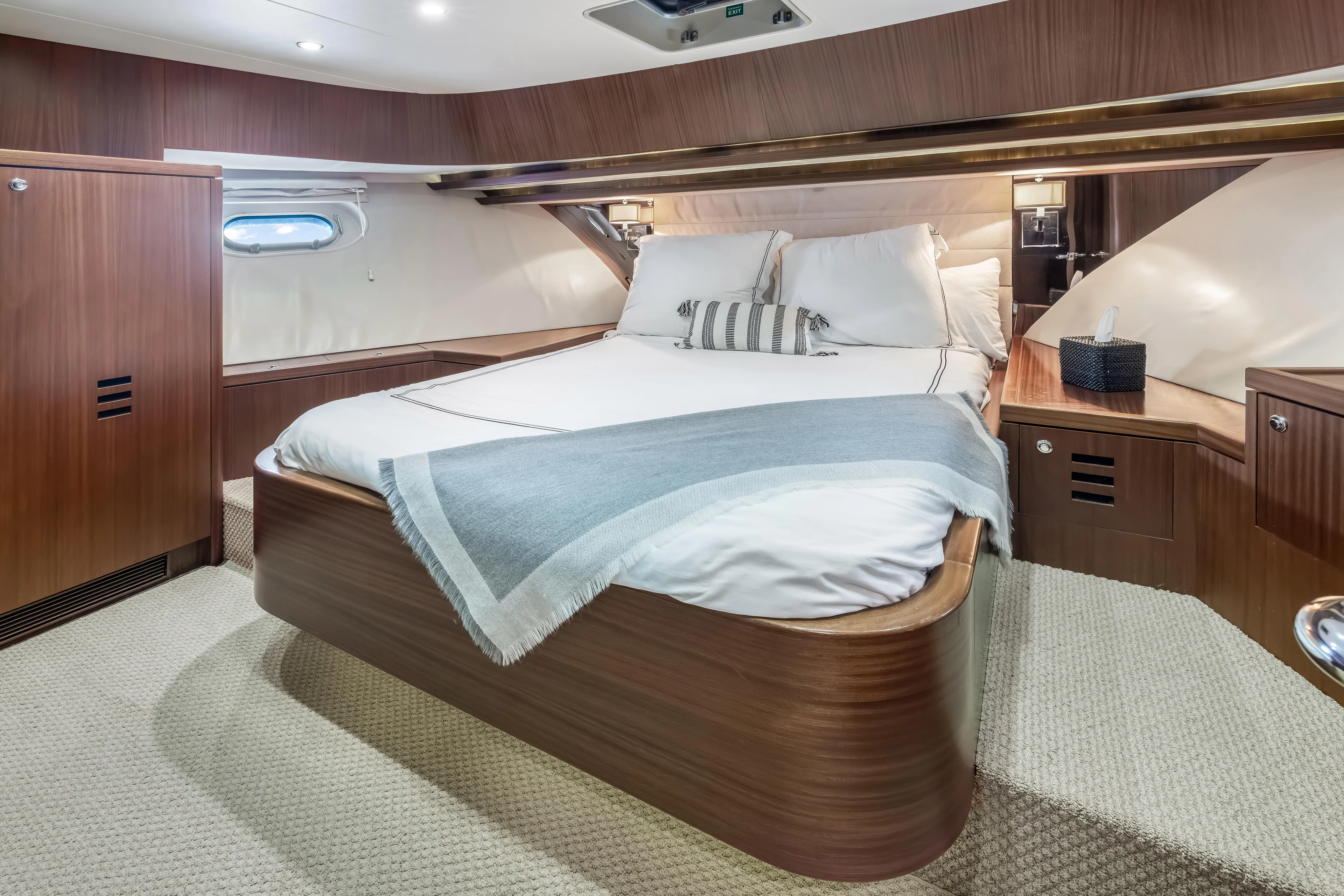 Jus Chill'n Yacht Photos Pics Luxurious bedroom interior of 2012 Cheoy Lee 84 Bravo yacht with elegant wood finish.