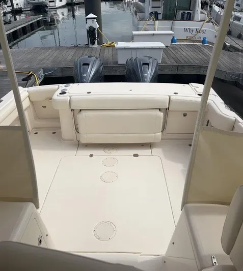  Yacht Photos Pics 2020 Grady-White Express 330 boat, spacious deck, dual engines, docked at marina.