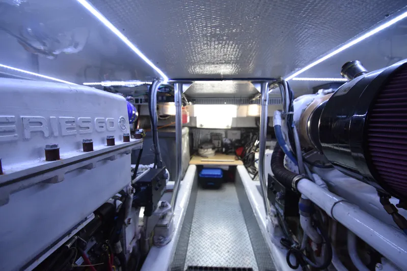 Event Horizon Yacht Photos Pics Engine room of 2000 Ocean Yachts 48 Super Sport, featuring Series 60 engine.