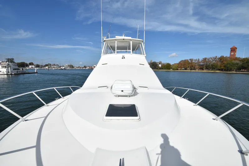 Event Horizon Yacht Photos Pics 2000 Ocean Yachts 48 Super Sport on calm water, clear sky, scenic background.