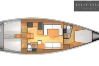 Floor plan of a 2009 Dufour 45E Performance yacht, showcasing interior layout.