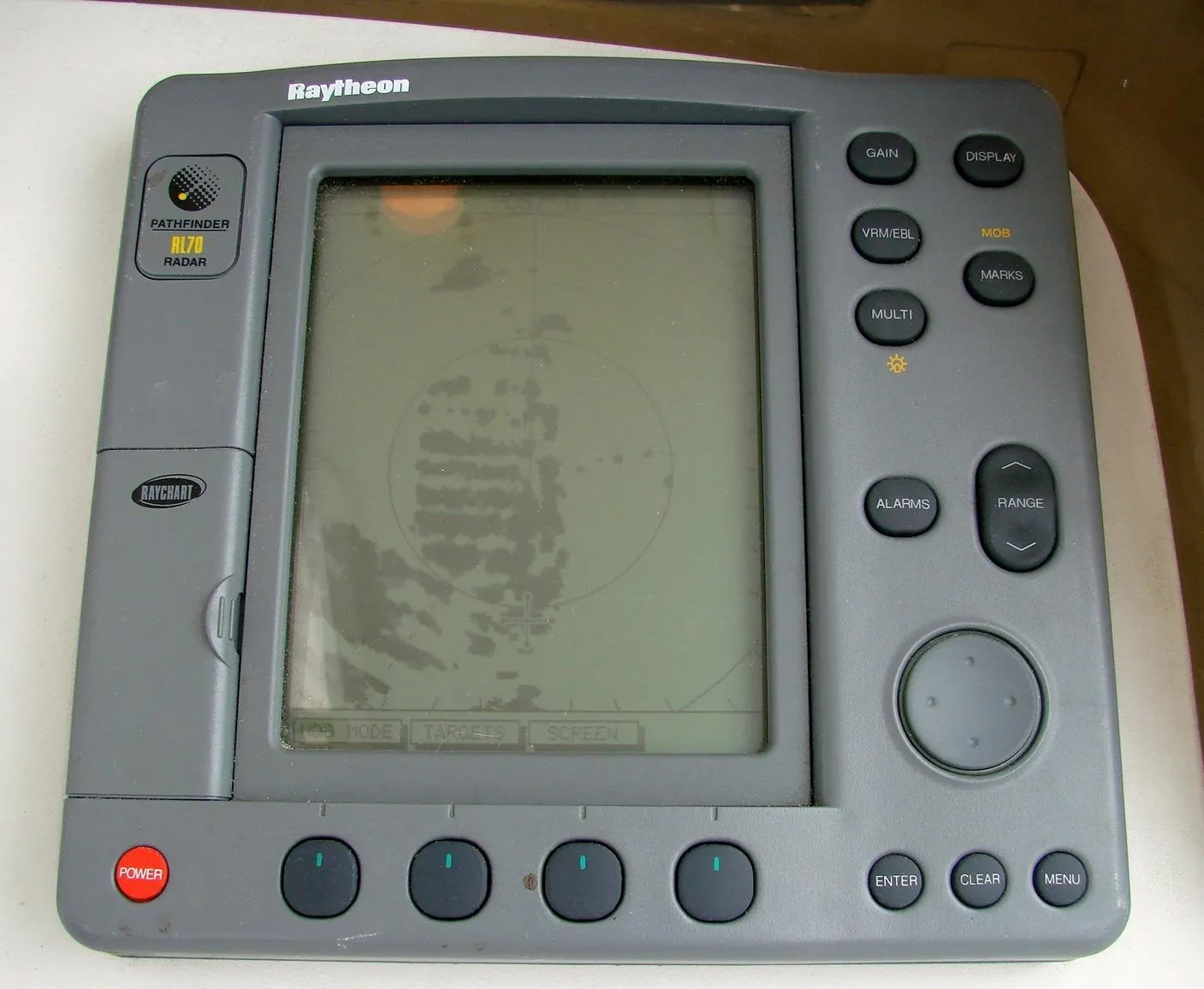 Raytheon radar display on Mainship Pilot 34, year 2000.