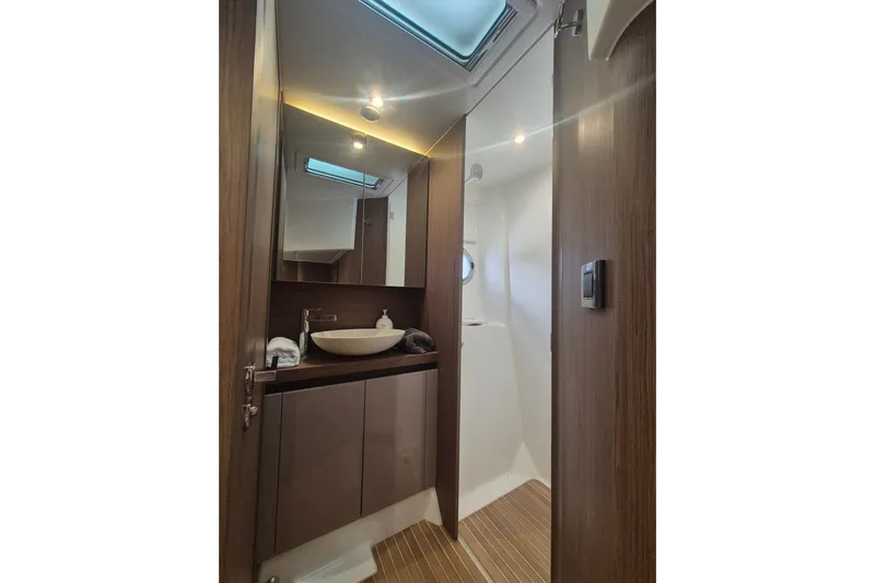  Yacht Photos Pics Luxurious bathroom interior of 2019 Beneteau Gran Turismo 50 Sportfly yacht.