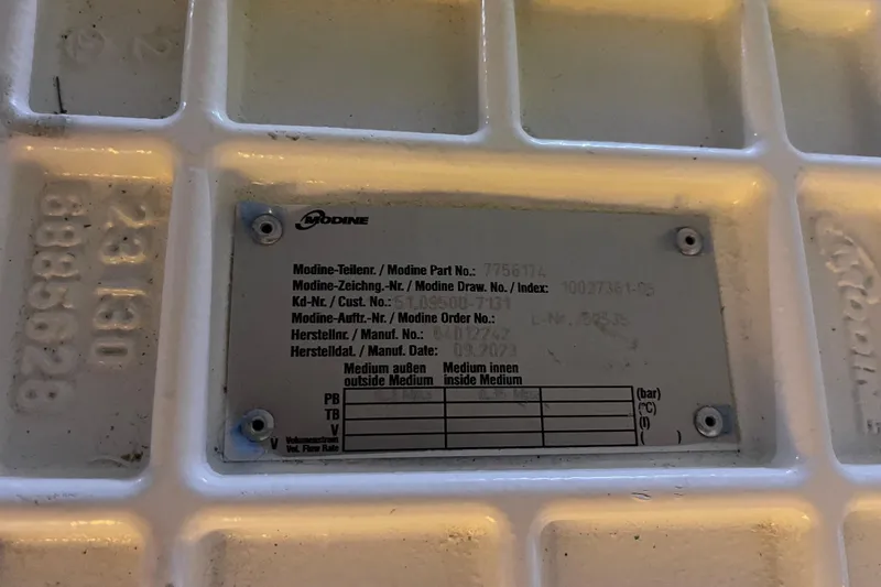  Yacht Photos Pics Close-up of a Modine part label on a 2025 Ferretti Yachts 670.