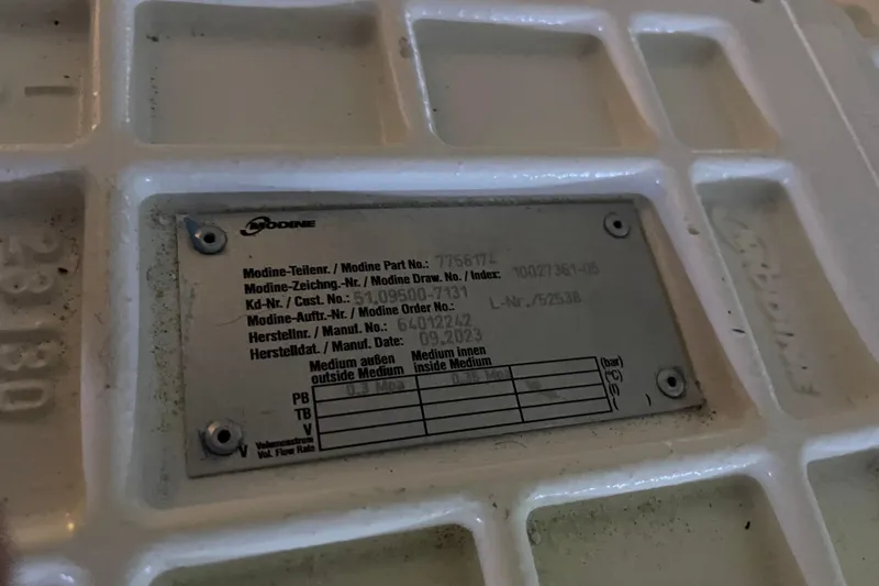  Yacht Photos Pics Metal identification plate on Ferretti Yachts 670, 2025 model, with technical specifications.