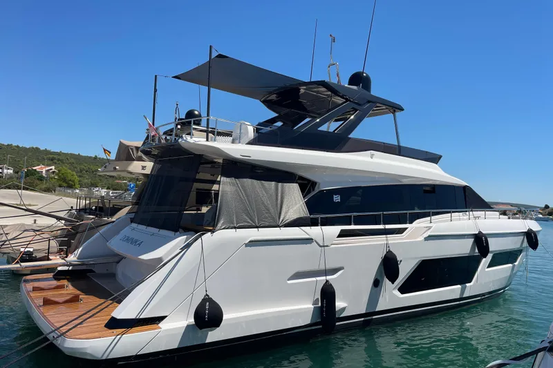  Yacht Photos Pics 2025 Ferretti Yachts 670 docked, showcasing sleek design and modern features.