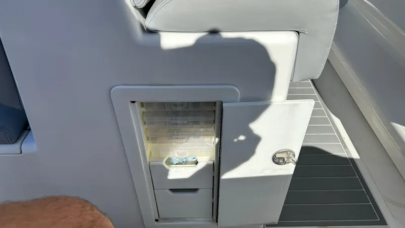  Yacht Photos Pics Open storage compartment on 2021 Blackwater 36 SF boat interior.