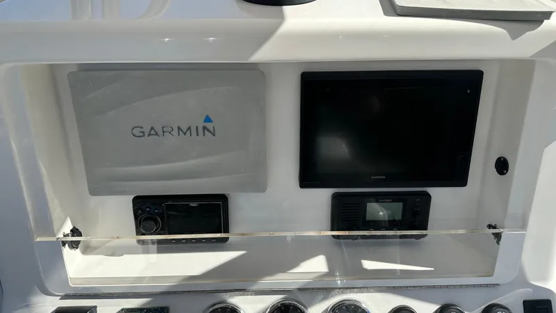  Yacht Photos Pics Garmin navigation system on Blackwater 36 SF boat dashboard, 2021 model.