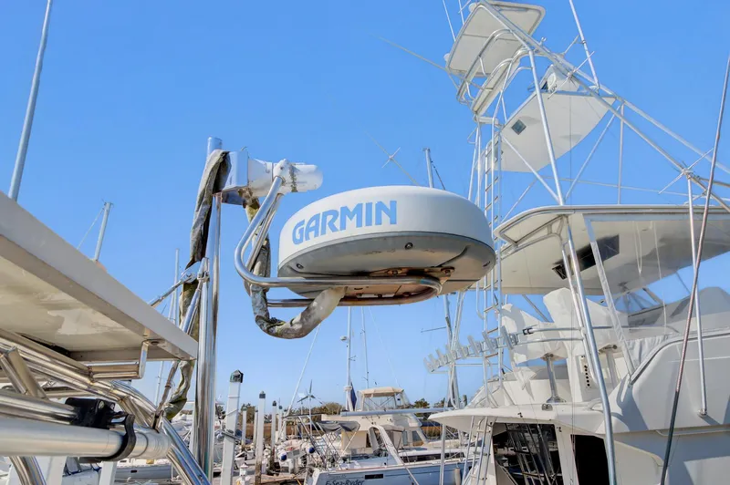 Phantom Yacht Photos Pics Garmin radar on a 2002 Beneteau 473 sailboat, docked at a marina.