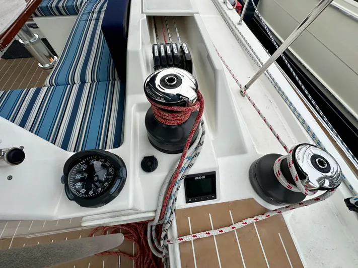 Painkiller Yacht Photos Pics Cockpit of 2020 Bavaria C50 yacht with winches and navigation instruments.