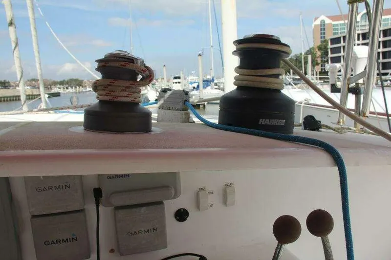 Chasing The Dream Yacht Photos Pics Sailing yacht deck with winches and Garmin equipment, Voyage Yachts Mayotte 1995 model.