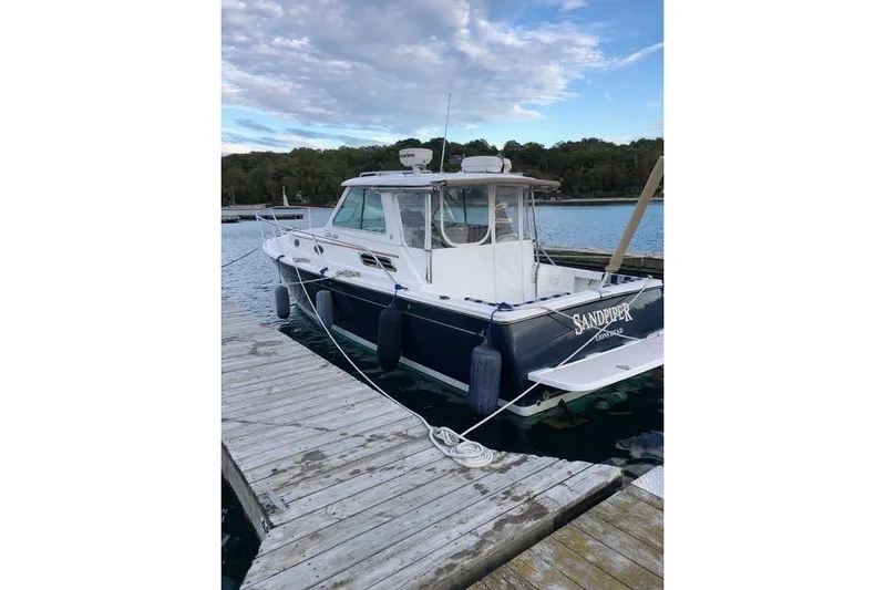 Sandpiper Yacht Photos Pics 2008 Back Cove 29 boat docked at a marina with scenic background.