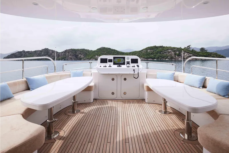 Aysha Yacht Photos Pics Luxurious Timmerman 26 yacht deck with seating, tables, and scenic ocean view, 2012 model.