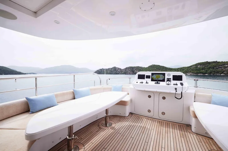 Aysha Yacht Photos Pics Luxurious Timmerman 26 yacht deck with seating, navigation controls, and scenic ocean view, 2012 model.