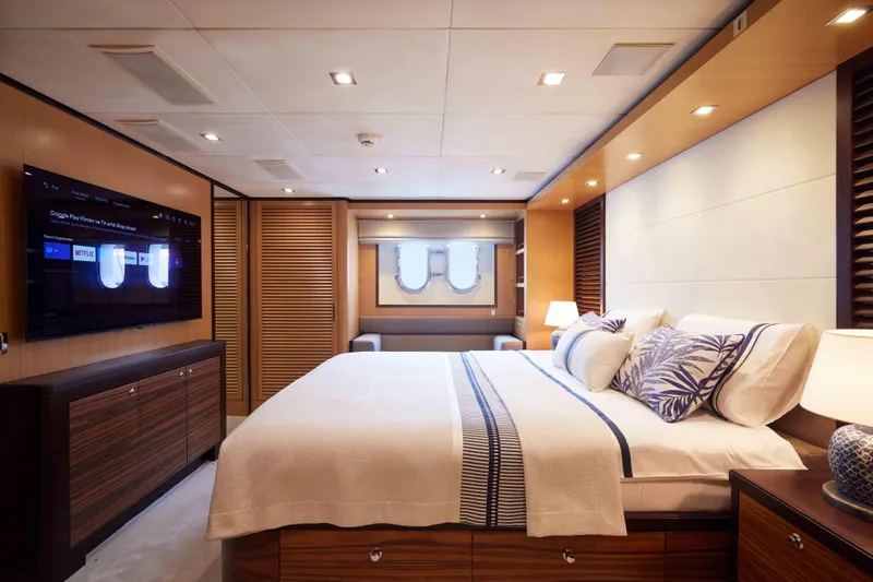 Aysha Yacht Photos Pics Luxurious Timmerman 26 yacht bedroom interior, featuring elegant decor and modern amenities, 2012 model.