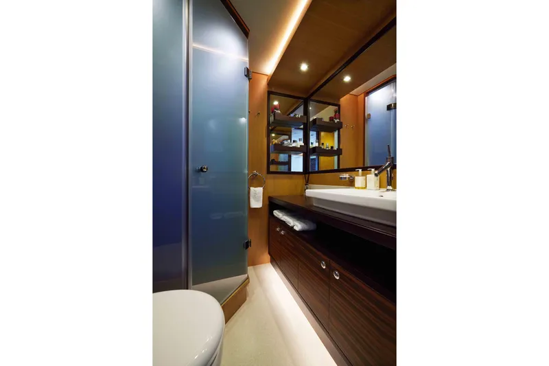 Aysha Yacht Photos Pics Luxurious bathroom interior on a 2012 Timmerman 26 yacht, featuring modern fixtures and elegant design.