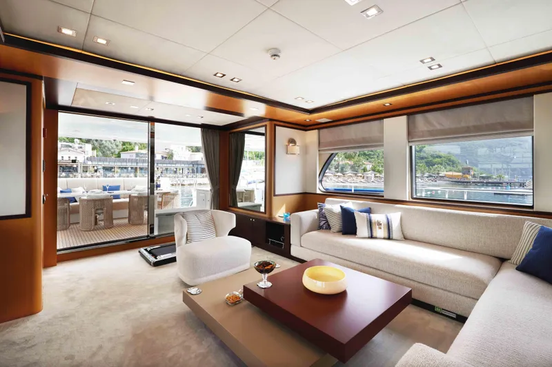 Aysha Yacht Photos Pics Luxurious Timmerman 26 yacht interior, 2012 model, featuring elegant seating and scenic views.