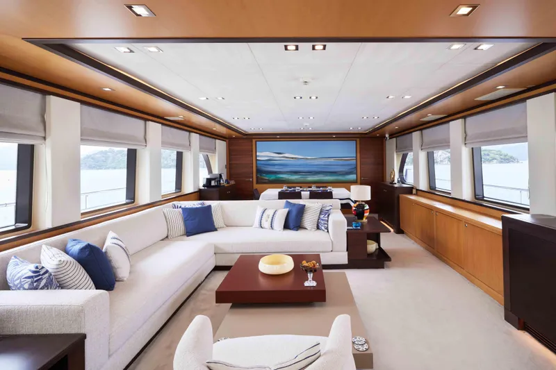 Aysha Yacht Photos Pics Luxurious Timmerman 26 yacht interior with elegant seating and ocean view, 2012 model.