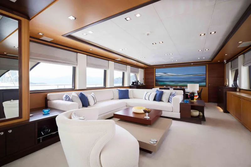 Aysha Yacht Photos Pics Luxurious Timmerman 26 yacht interior, 2012 model, featuring elegant seating and modern decor.