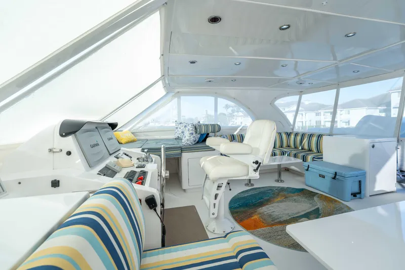 Sea Dreamz Yacht Photos Pics Luxurious interior of 2016 Horizon PC52 yacht with striped seating and modern helm.