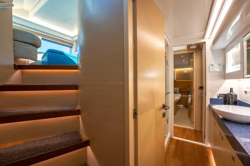 Sea Dreamz Yacht Photos Pics Luxurious interior of 2016 Horizon PC52 yacht with modern design and elegant lighting.