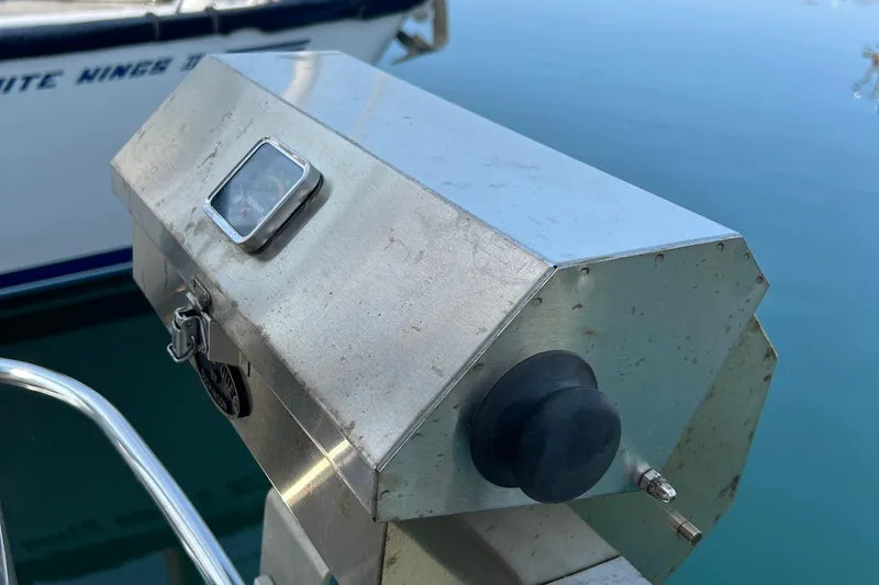 Summer Solace Yacht Photos Pics Stainless steel grill on Jeanneau Sun Odyssey 40 yacht, 2000 model, near water.