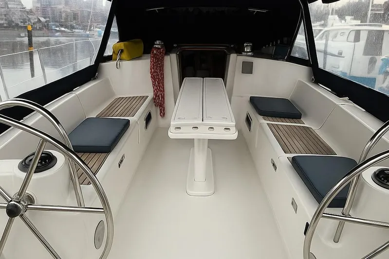 Summer Solace Yacht Photos Pics Cockpit of 2000 Jeanneau Sun Odyssey 40 sailboat with dual steering wheels and seating.