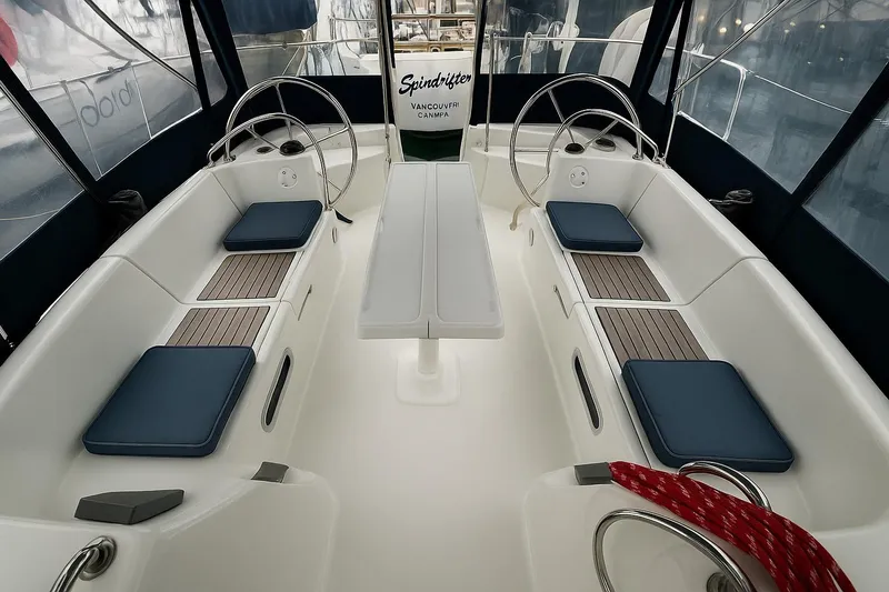 Summer Solace Yacht Photos Pics Cockpit of 2000 Jeanneau Sun Odyssey 40 sailboat with dual steering wheels and seating.