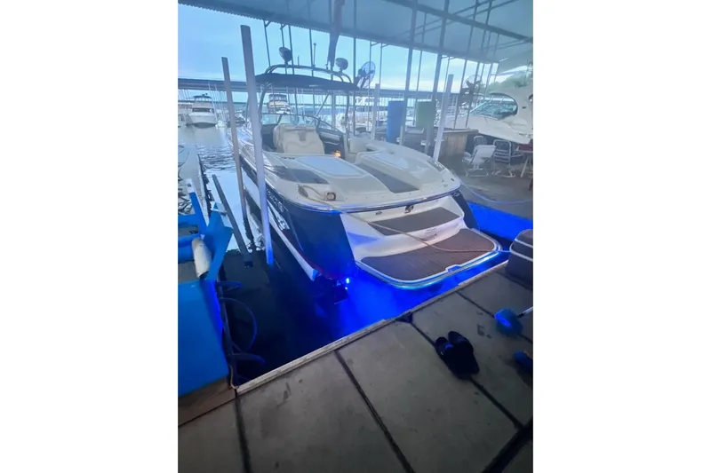  Yacht Photos Pics 2007 Cobalt 343 boat docked with blue underwater lights.