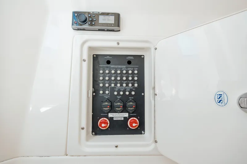  Yacht Photos Pics Electrical panel and stereo system on a 2013 Boston Whaler 320 Outrage boat.