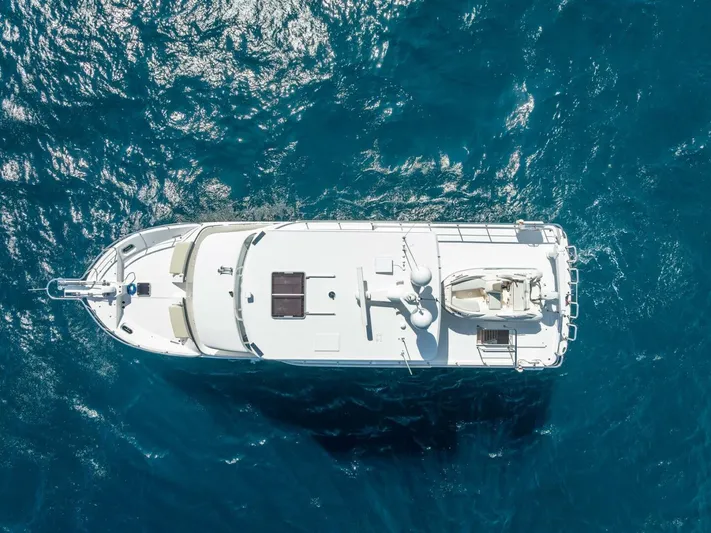 Sunny Seajay Yacht Photos Pics Aerial view of 2022 Hampton 658l Endurance yacht on blue ocean water.