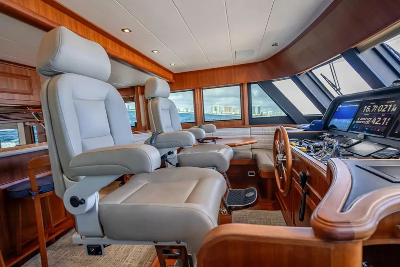 Sunny Seajay Yacht Photos Pics Luxurious interior of 2022 Hampton 658l Endurance yacht with modern helm and seating.