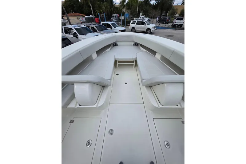 Seavee Yacht Photos Pics 2022 SeaVee 340Z boat interior with spacious seating and storage compartments.