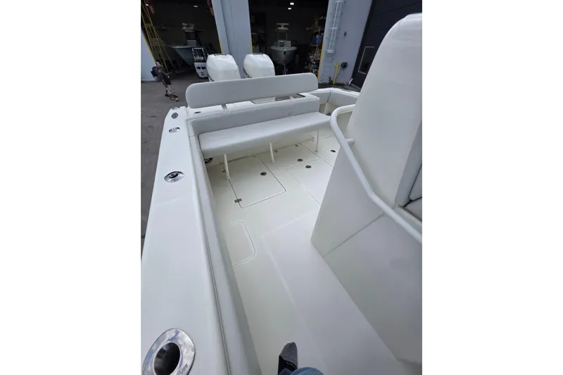 Seavee Yacht Photos Pics 2022 SeaVee 340Z boat interior with seating and storage compartments.