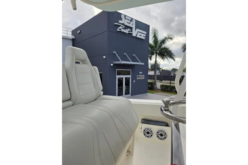 Seavee Yacht Photos Pics 2022 SeaVee 340Z boat interior with SeaVee Boats building in the background.
