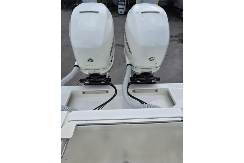 Seavee Yacht Photos Pics 2022 SeaVee 340Z boat with dual Mercury outboard engines, rear view.