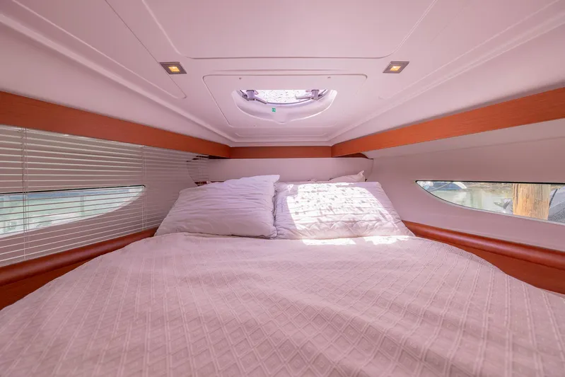 Ms Bordeaux Yacht Photos Pics Luxurious cabin interior of 2013 Beneteau Gran Turismo 38 yacht with cozy bedding.