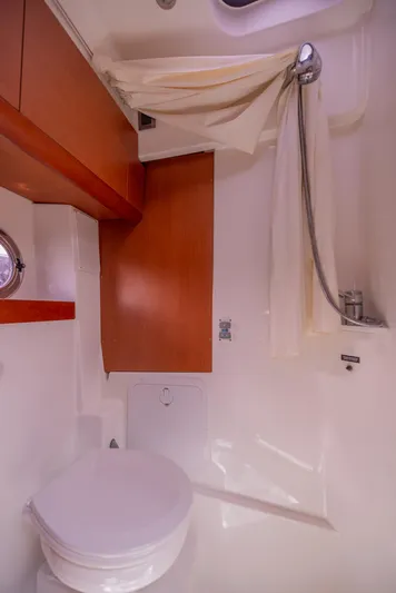 Ms Bordeaux Yacht Photos Pics Bathroom interior of 2013 Beneteau Gran Turismo 38 yacht with shower and toilet.