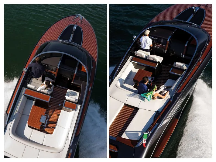  Yacht Photos Pics 2023 Riva 38 Rivamare luxury yacht cruising on water, featuring elegant design and spacious deck.
