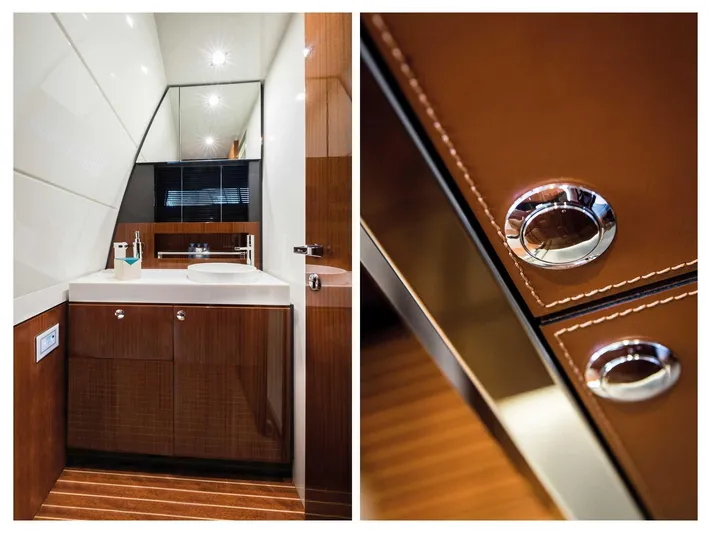  Yacht Photos Pics Luxurious 2023 Riva 38 Rivamare yacht interior with sleek wood cabinetry and modern fixtures.