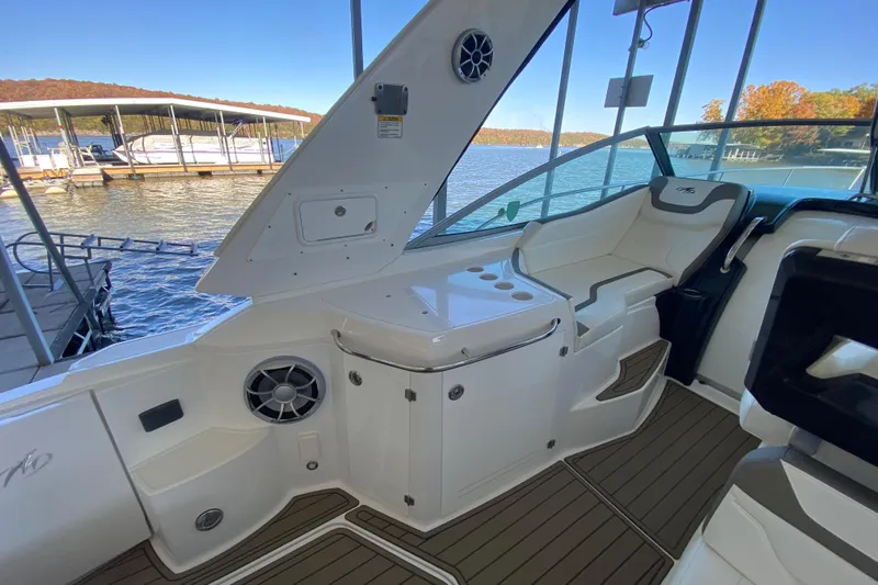  Yacht Photos Pics 2017 Monterey 355 Sport Yacht interior with seating and lake view.