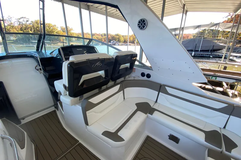  Yacht Photos Pics 2017 Monterey 355 Sport Yacht interior with sleek seating and modern dashboard.