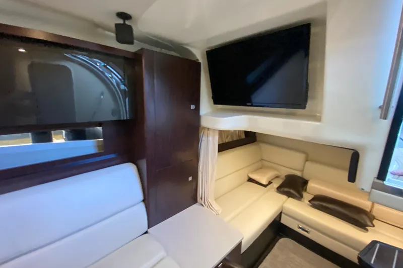  Yacht Photos Pics Interior of 2017 Monterey 355 Sport Yacht with modern seating and dual TVs.